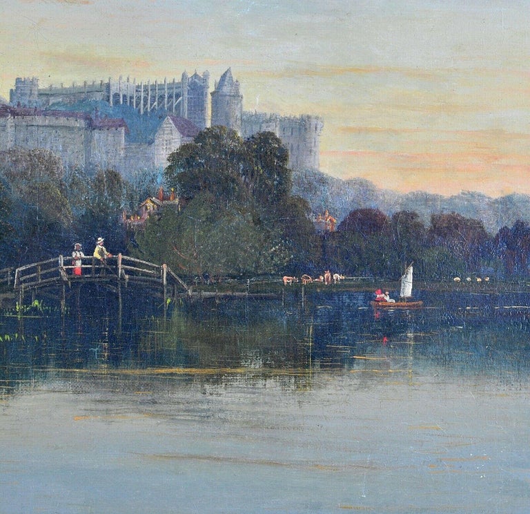 Windsor Castle from the Thames - 19th Century English Antique Landscape Painting For Sale 3