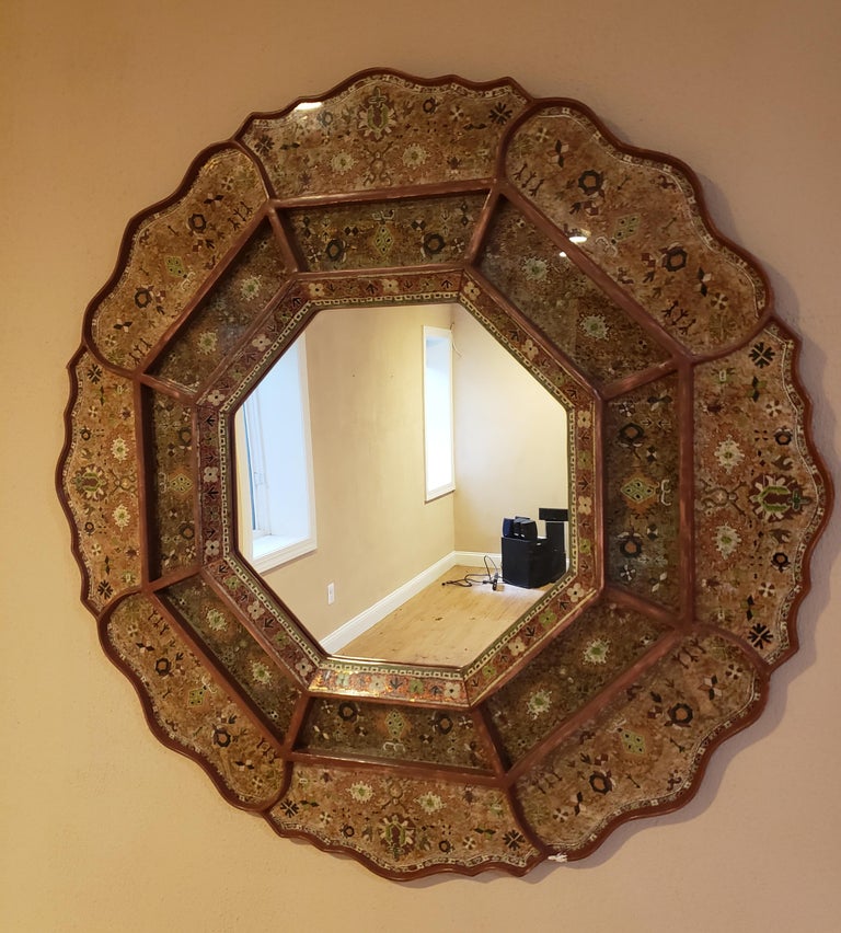 Robert Weiss Large Wood Frame Hand Painted Reverse Glass Wall Mirror In Excellent Condition For Sale In Germantown, MD