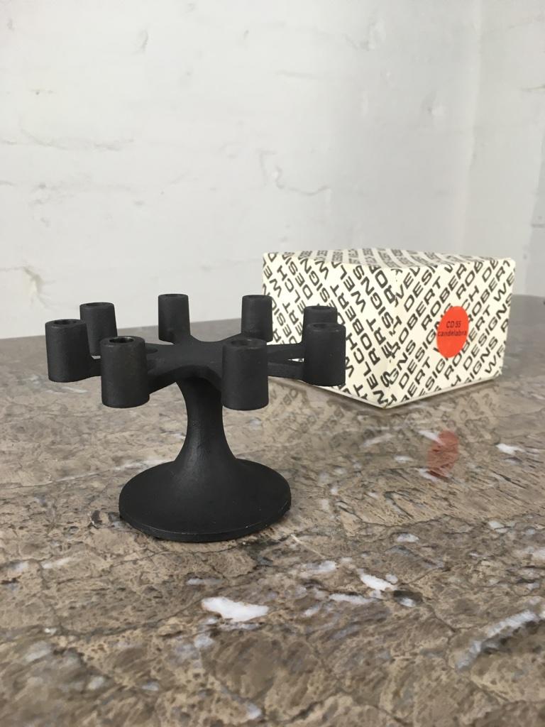 Cast Robert Welch Brutalist Black Iron Taper Candelabra in Original Box, Signed