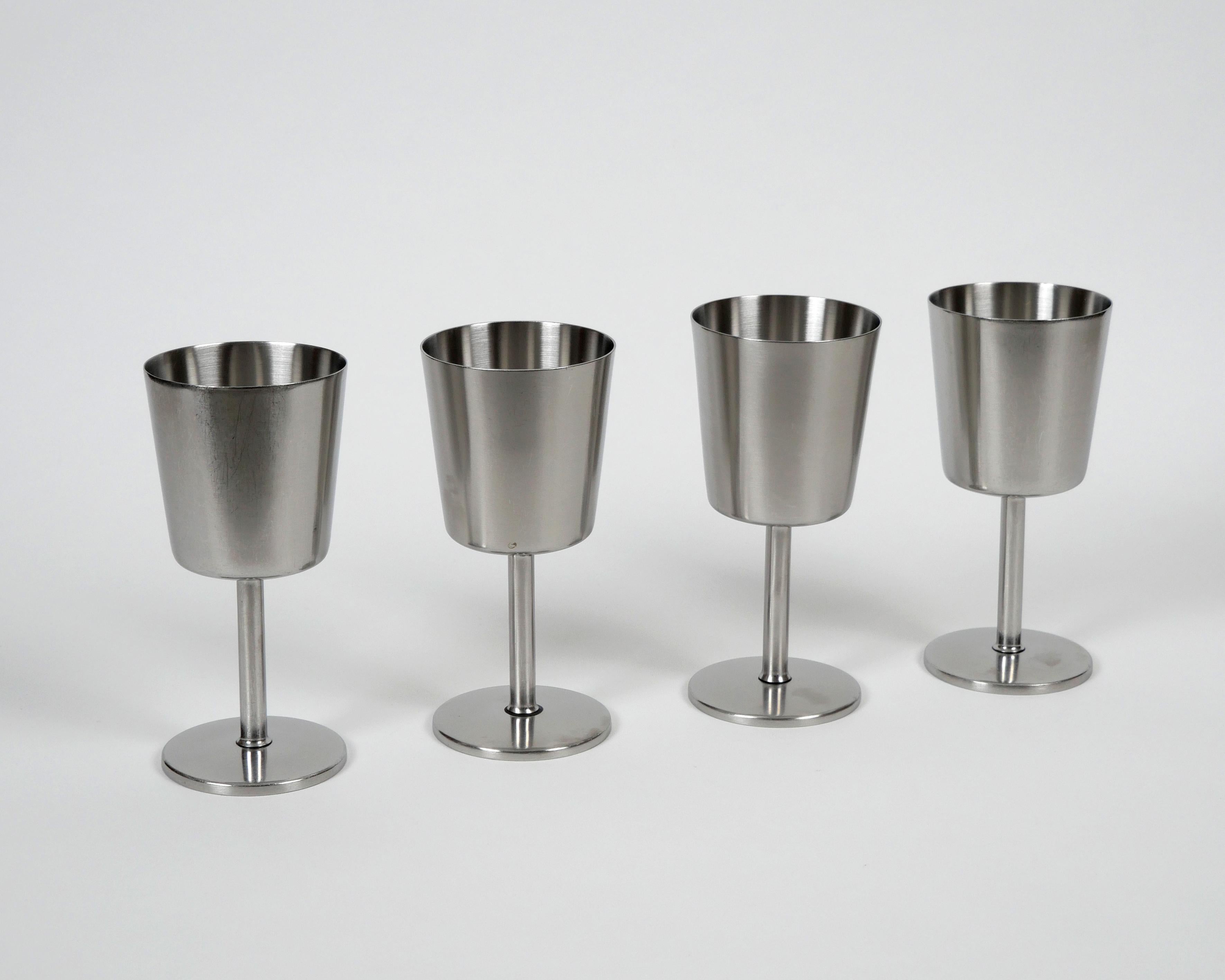 Robert Welch for Old Hall, 1960s
Set of 4 Wine goblets

Stainless steel
Good condition, two have light marks and signs of use, two appear to be unused.
Makers stamp to underside of each

Dimensions each approx.: diameter 6.9 cm, height