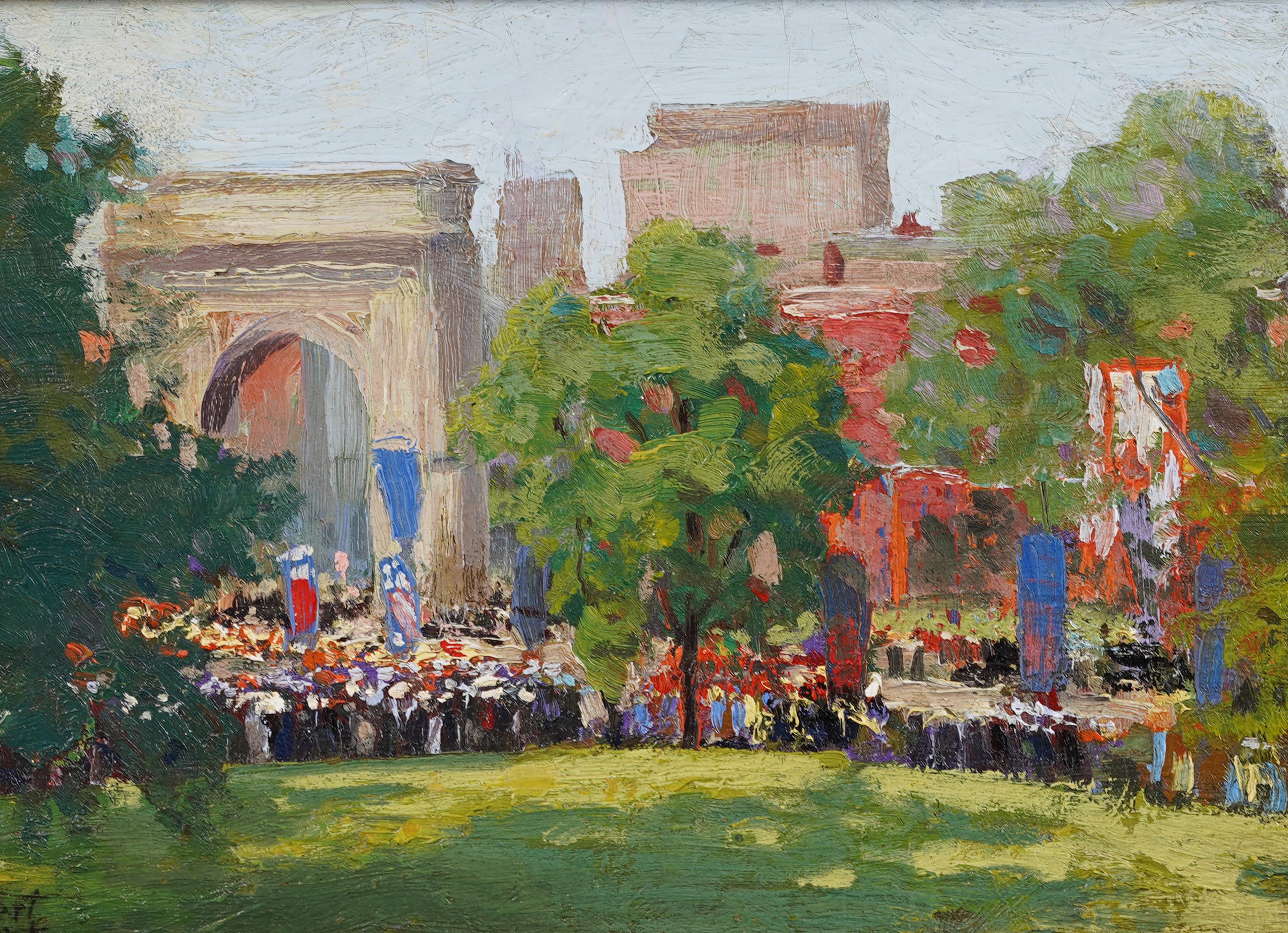 Antico dipinto ad olio impressionista americano con cornice di Washington Square Park NYC - Landscape Painting Marrone di Robert Wesley Amick 
