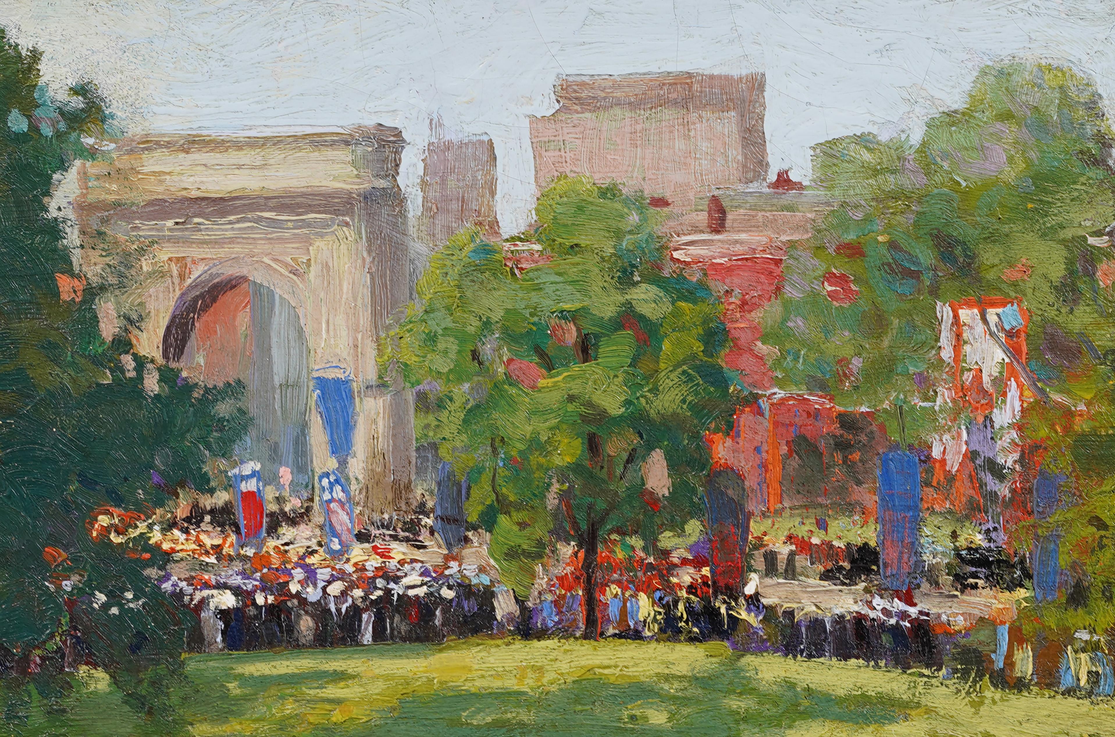 Quadro impressionista americano finemente dipinto di Washington Square Park a New York City di Robert Amick (1879 - 1969). Incorniciato.  Olio su tavola.  Firmato.  Dimensioni dell'immagine: 9,5H per 13,5L.