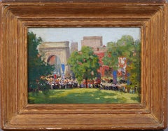 Antico dipinto ad olio impressionista americano con cornice di Washington Square Park NYC