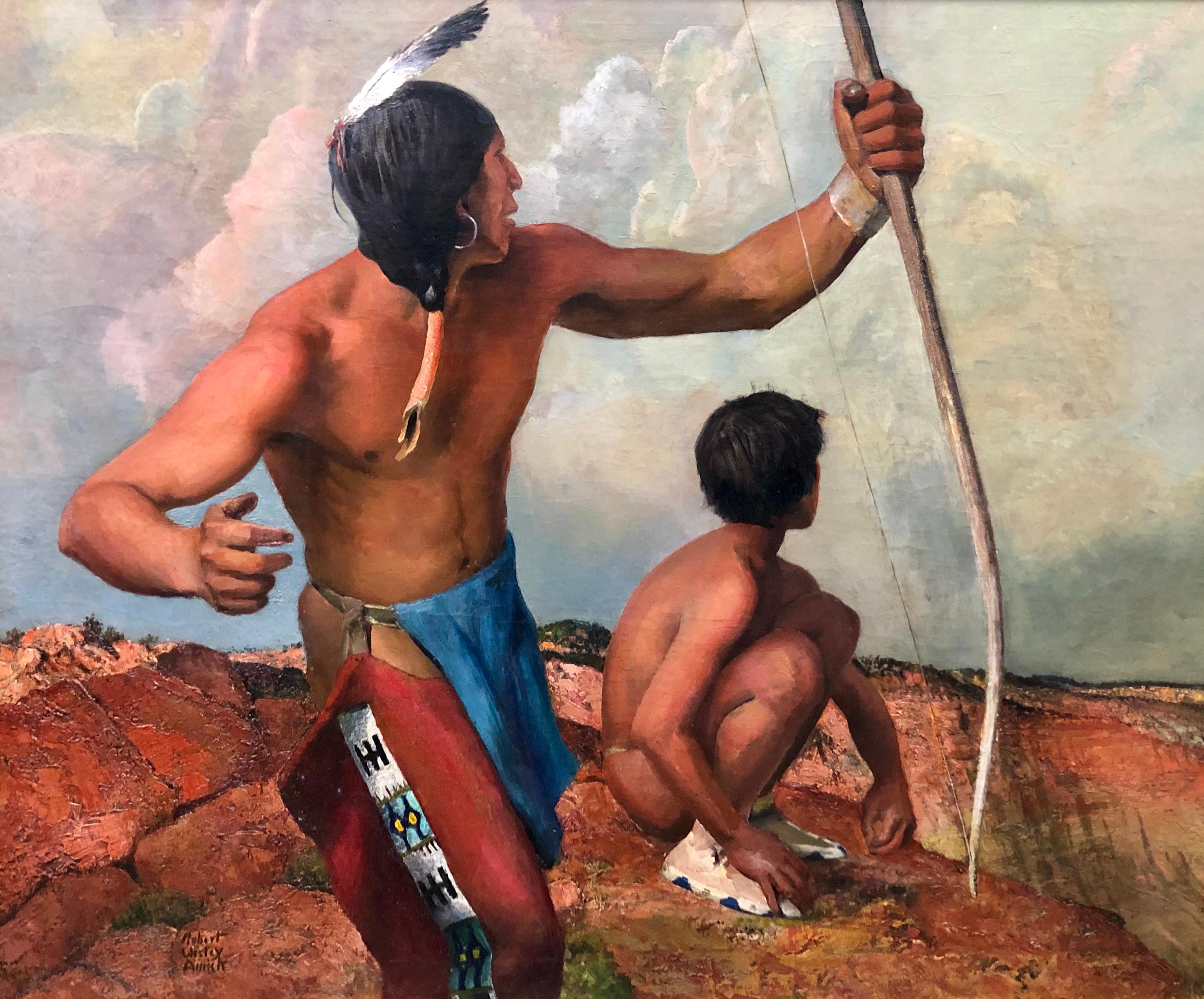 Ölgemälde von Vater und Sohn auf der Jagd, amerikanische Ureinwohner – Painting von Robert Wesley Amick