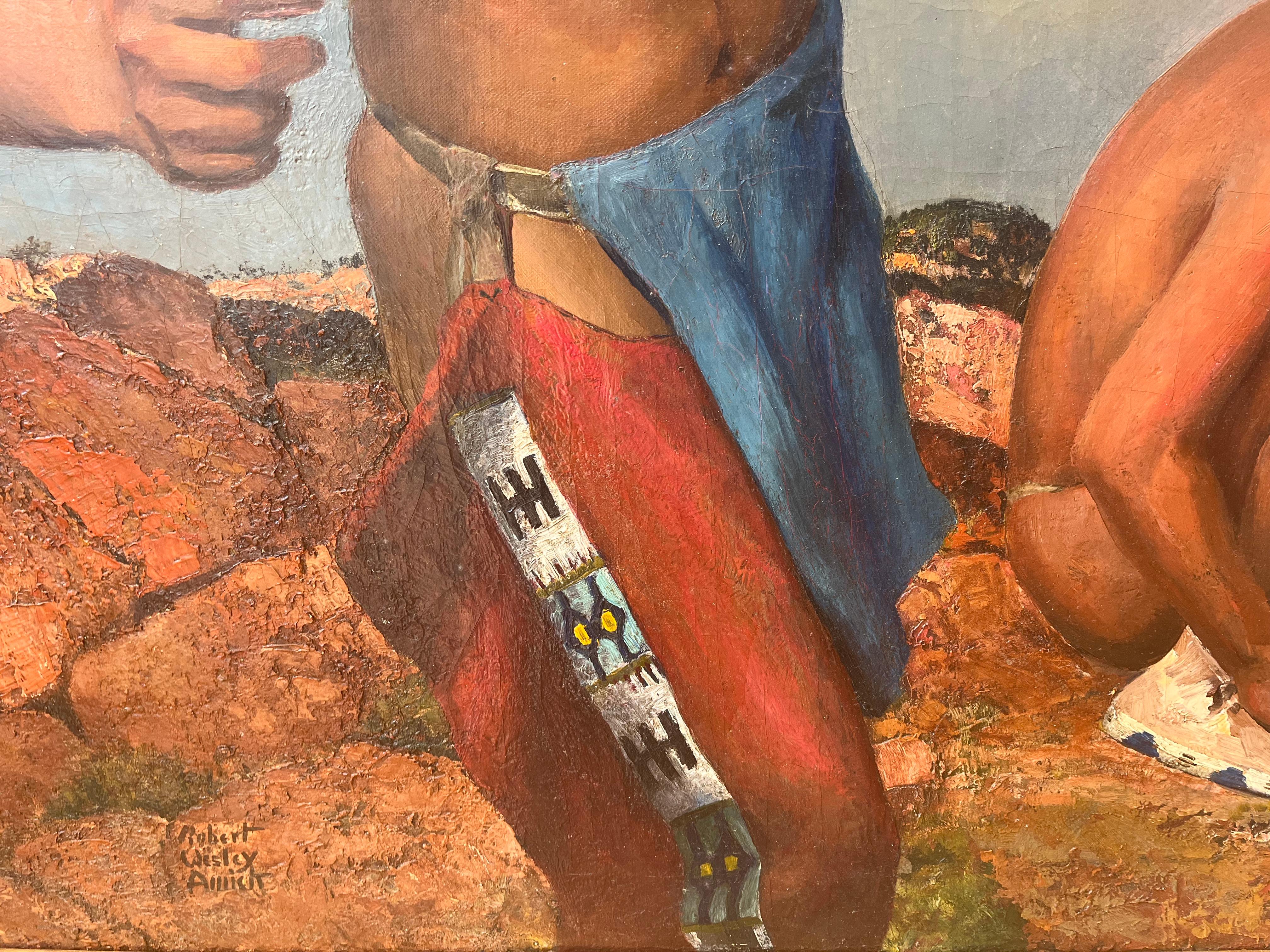 Peinture à l'huile d'un père et d'un fils amérindiens en chasse en vente 1