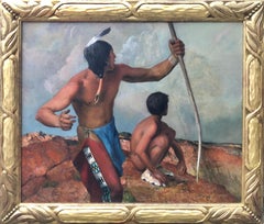 Oil Painting of Native American Father and Son Hunting