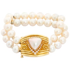 Robert Whiteside Diamond and Cultured Pearl Gold Bracelet