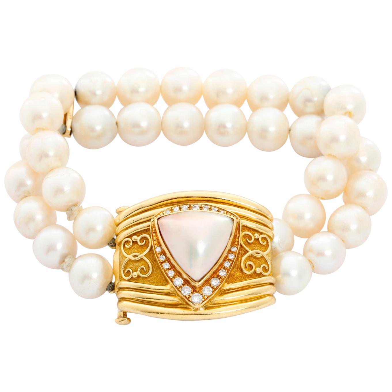 Robert Whiteside Diamond and Cultured Pearl Gold Bracelet