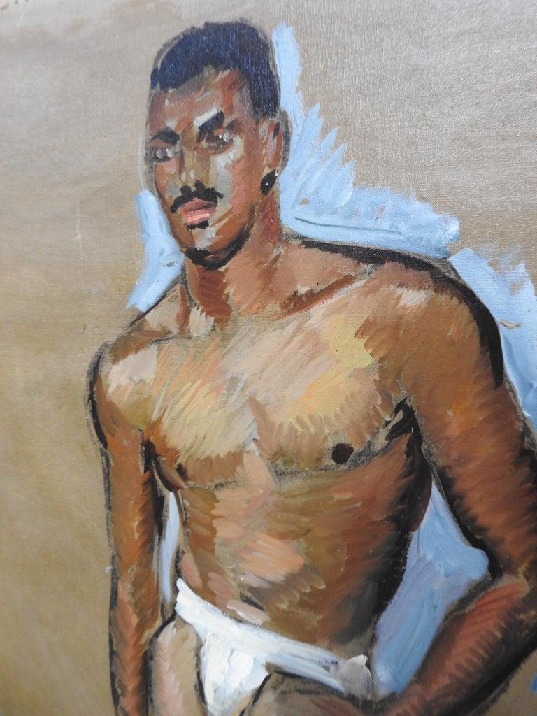 This is an exquisite oil painting on unstretched canvas by listed artist Robert Whitmore (American; 1890-1979), dated early to mid-20th century. The piece depicts the gestural portrait of a partially nude male figure standing in a subtle
