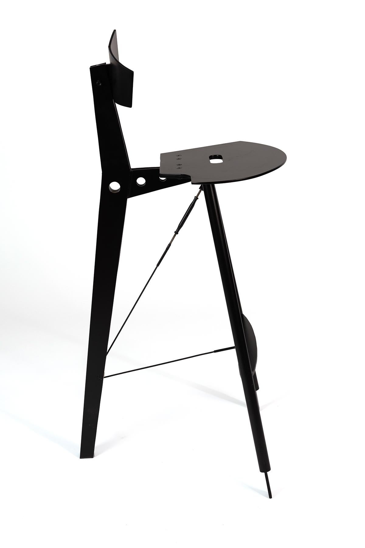 Robert Whitton one off aluminum drafting stool circa late 1980s. This architectural example has been newly powder coated in matte black.