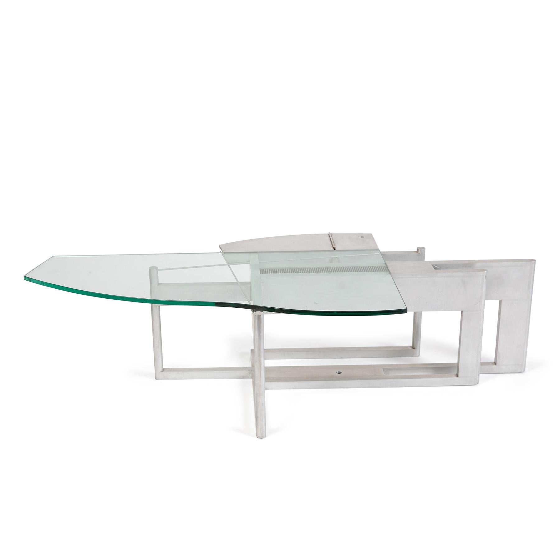 Miami designer Robert Whitton one-off prototype coffee table in brushed matte aluminum and free form glass.
