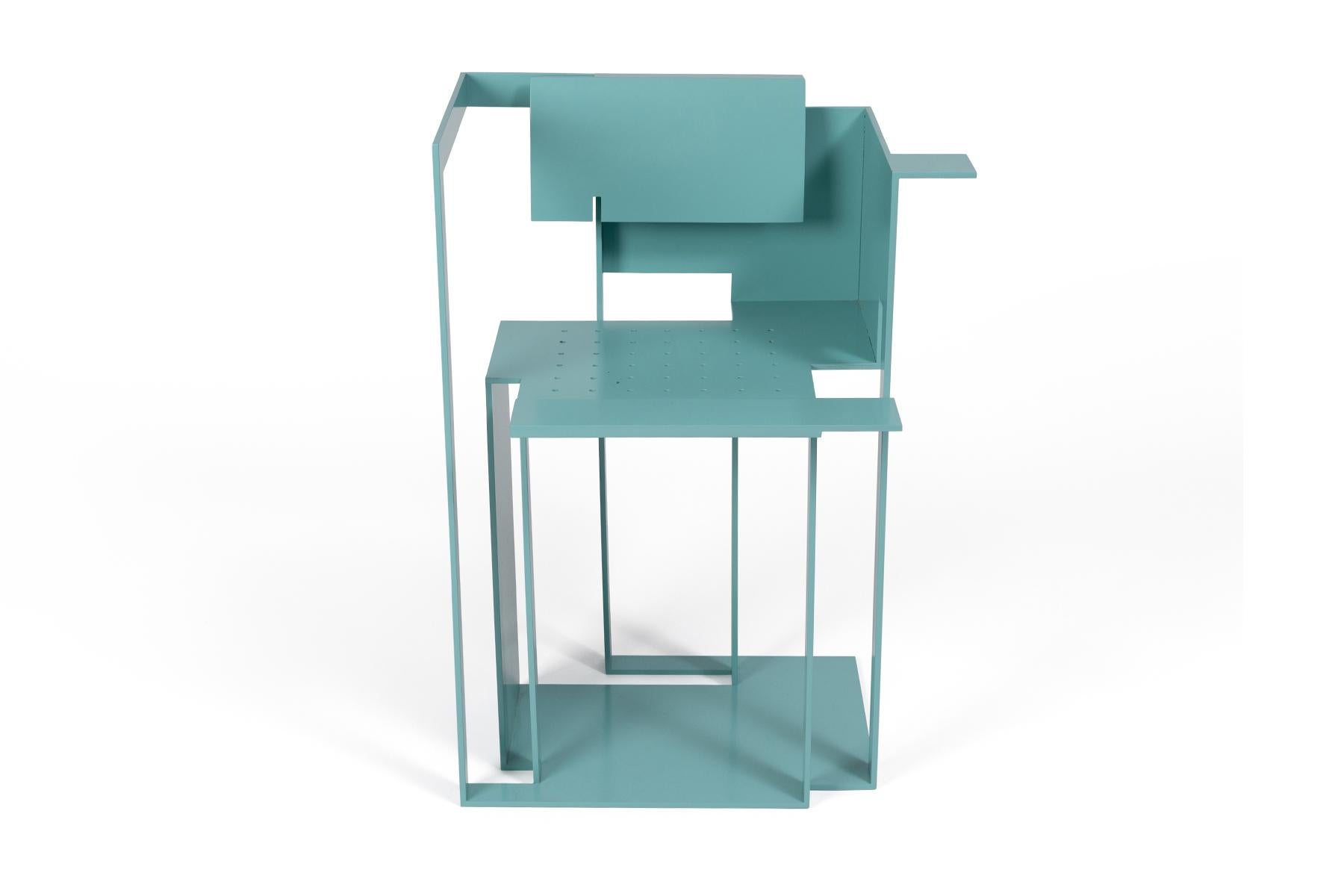Robert Whitton one off aluminium chair, circa late 1980s. This architectural example has been newly powder coated in a bright turquoise.