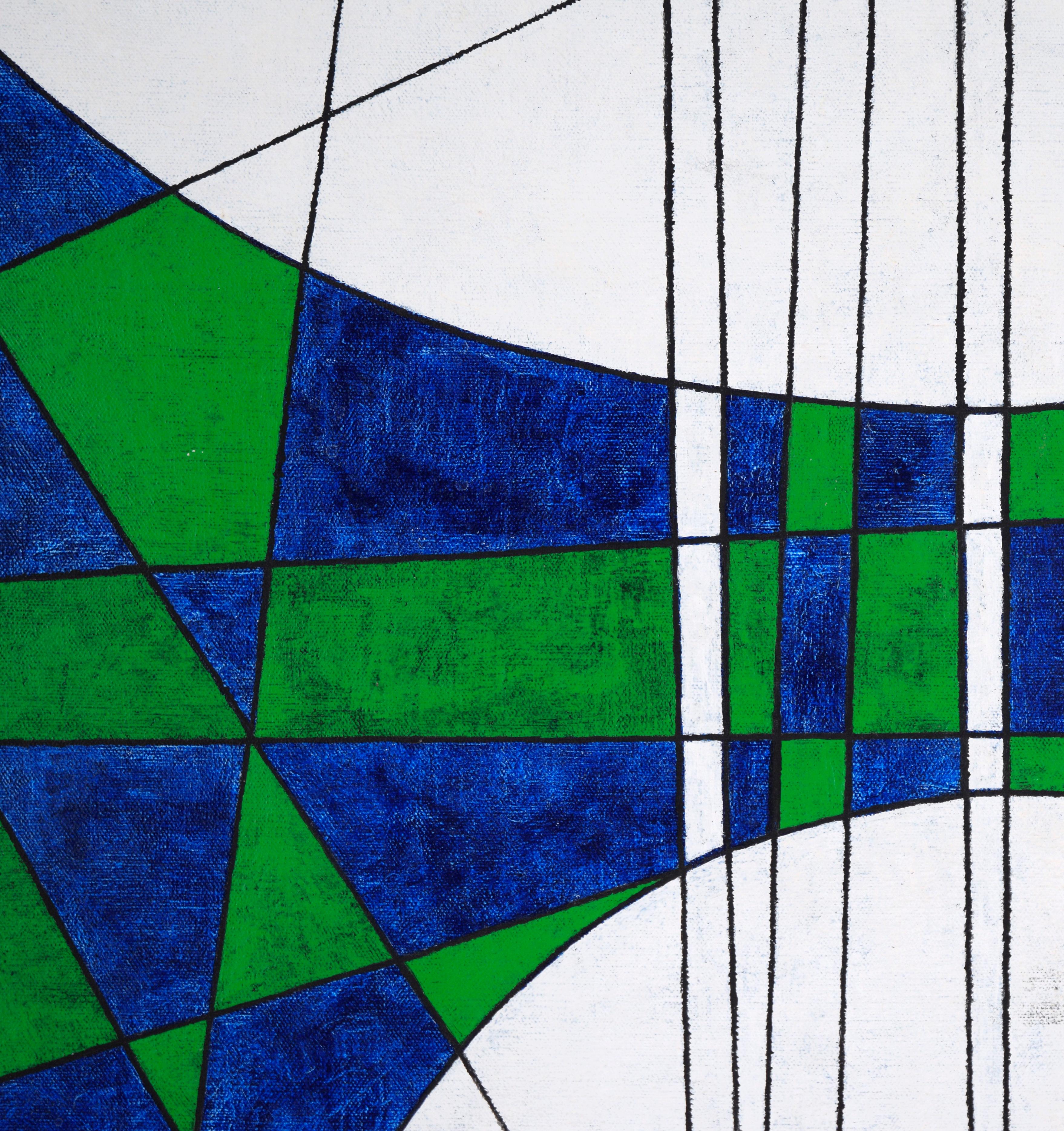 Composizione geometrica astratta in verde, blu e bianco - Acrilico su tela - Abstract Painting Blu di Robert William Hinds