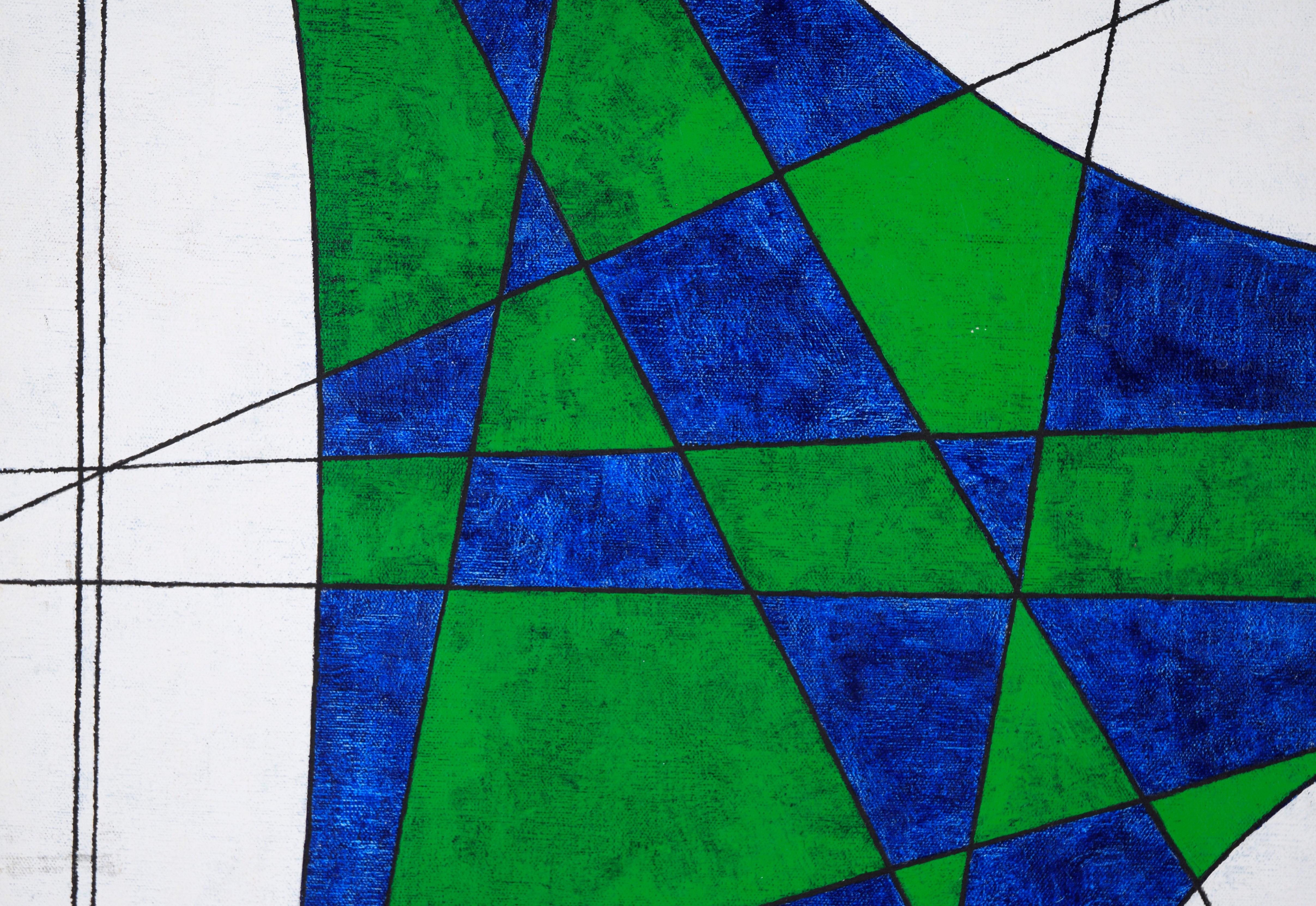 Composizione geometrica astratta in verde, blu e bianco - Acrilico su tela

Audace composizione astratta di Robert William Hinds (americano, nato nel 1926). Questa composizione è divisa in sezioni da sottili linee nere e da alcune forme circolari.