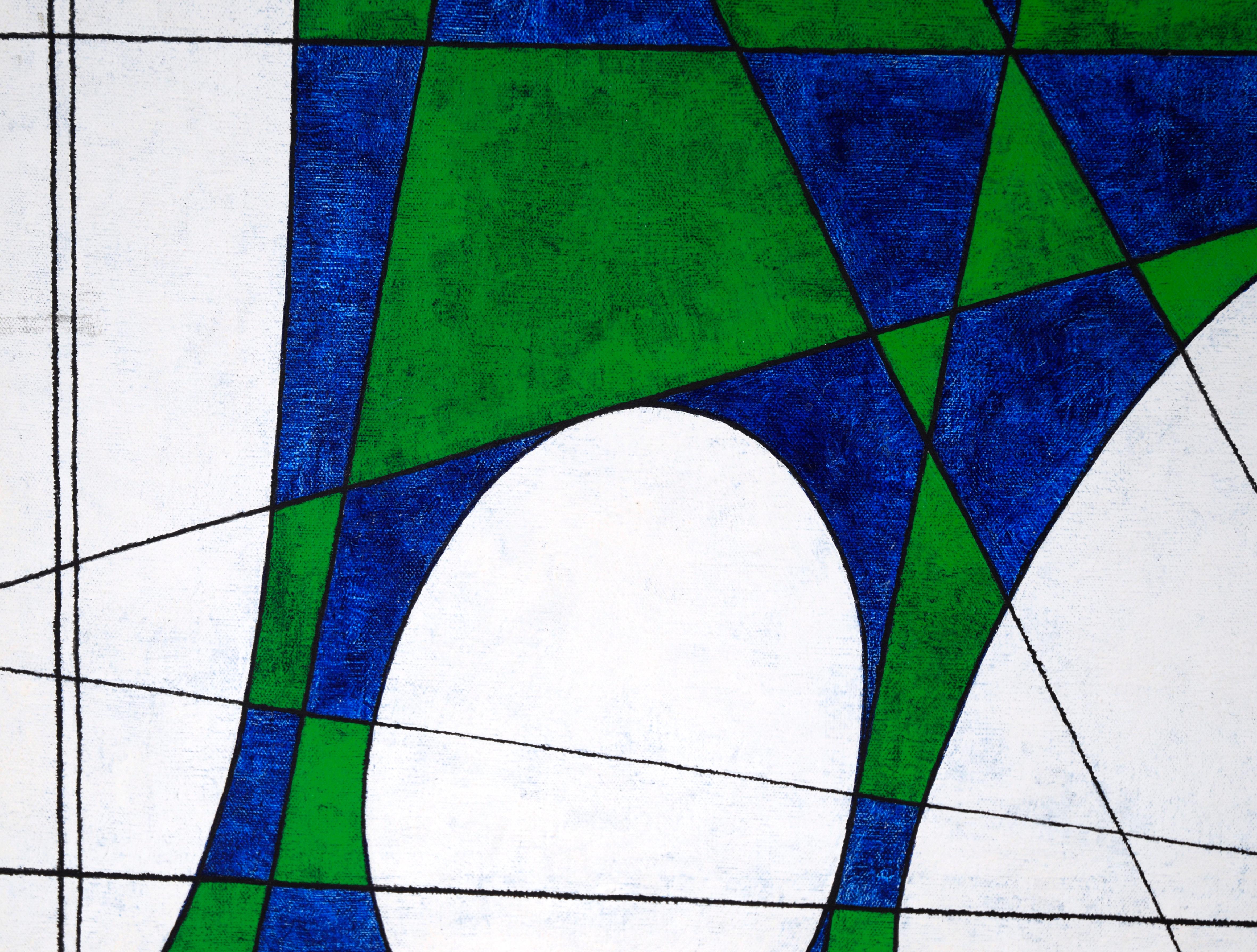 Composizione geometrica astratta in verde, blu e bianco - Acrilico su tela in vendita 1