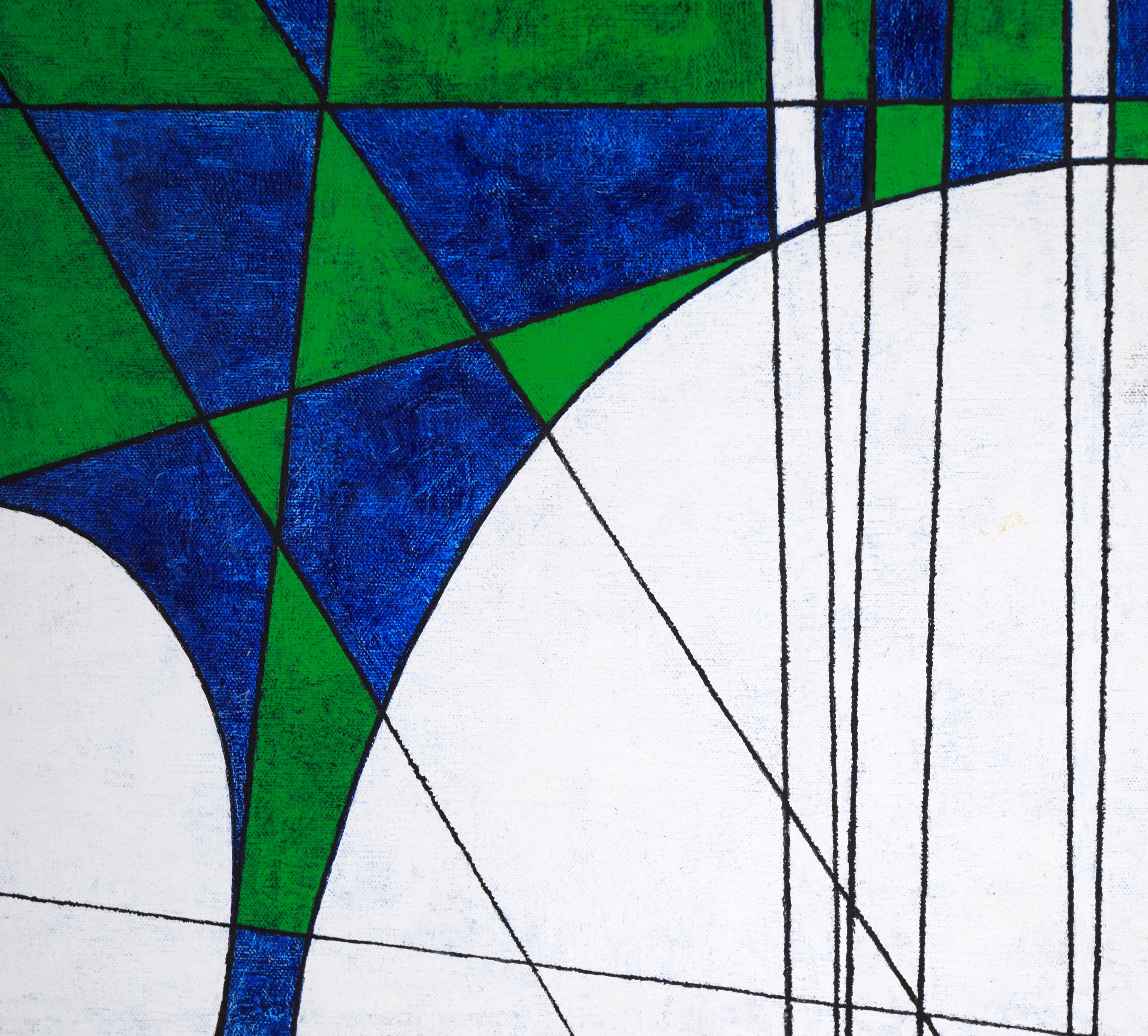 Composizione geometrica astratta in verde, blu e bianco - Acrilico su tela in vendita 2