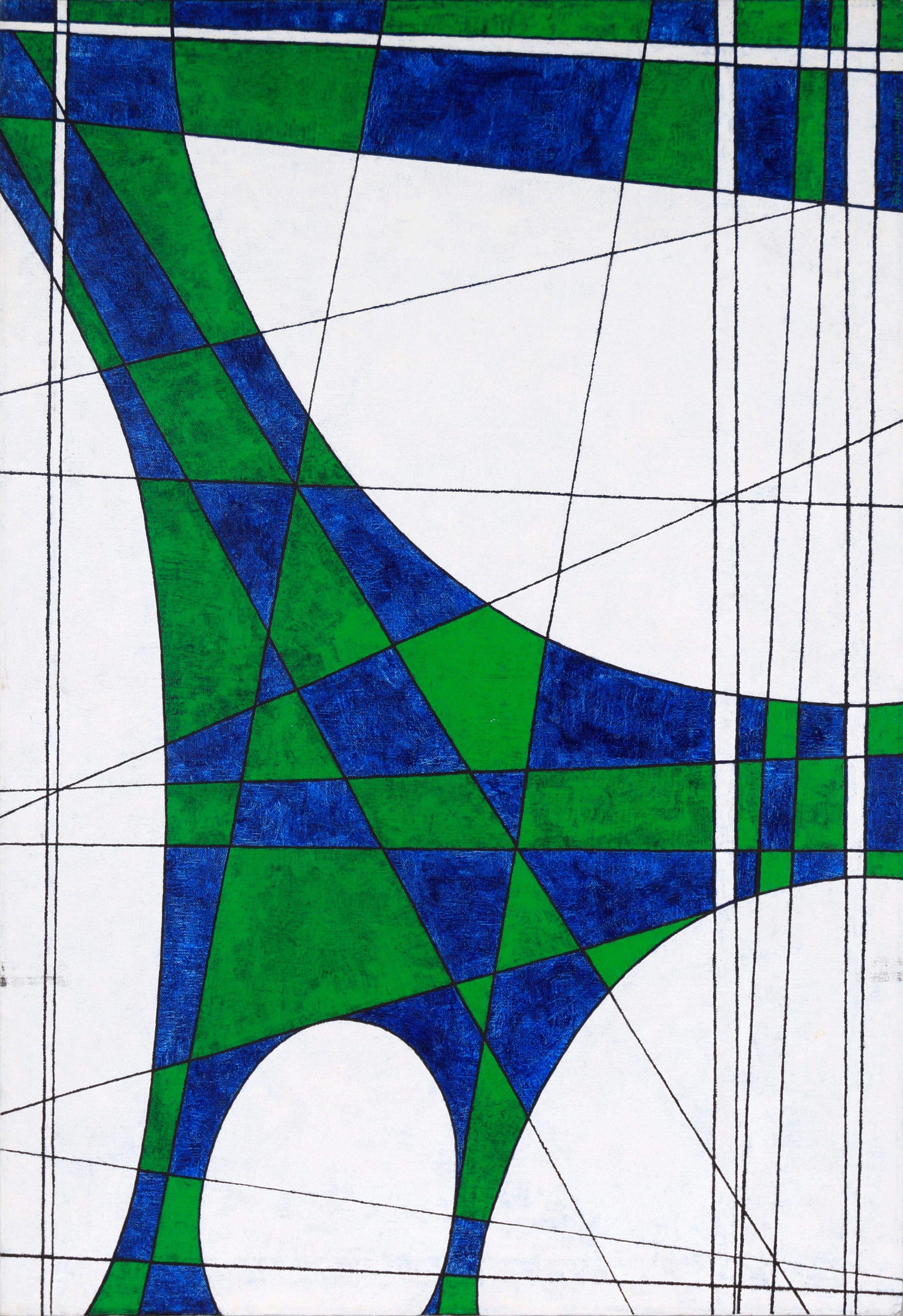 Abstract Painting di Robert William Hinds - Composizione geometrica astratta in verde, blu e bianco - Acrilico su tela