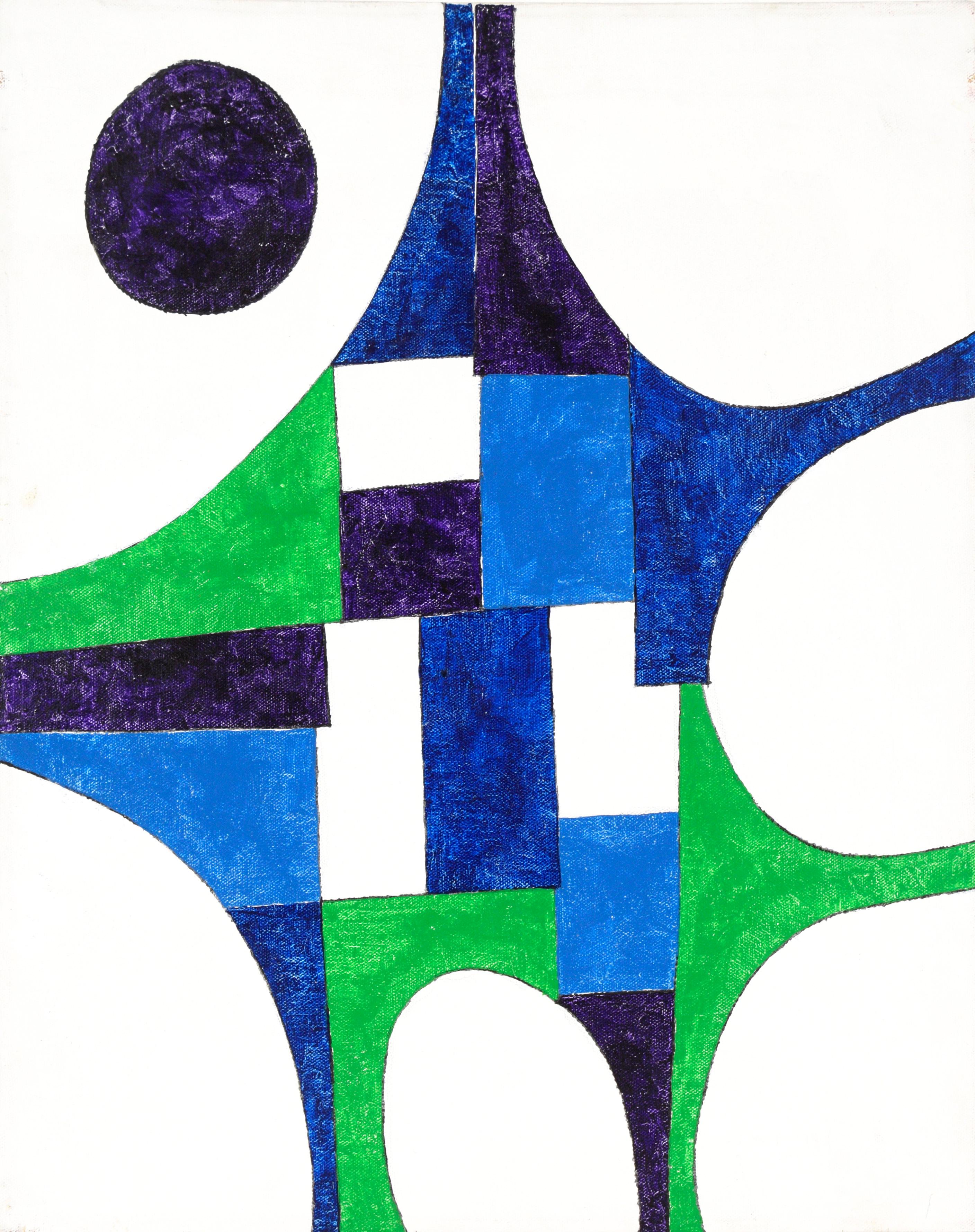 Abstract Geometric Composition in Green, Blue, White, and Purple