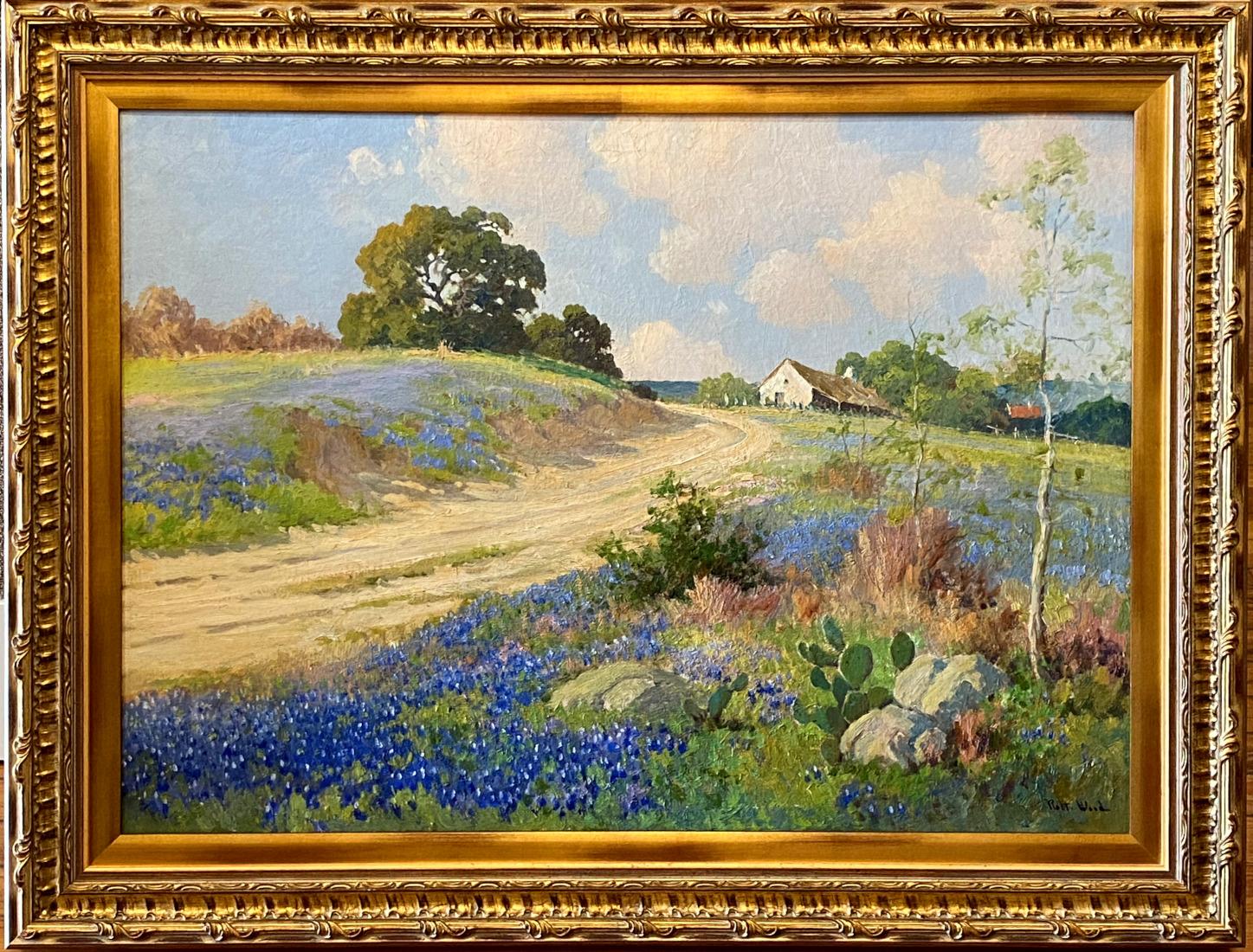 Robert William Wood Landscape Painting - "AROUND THE BEND" TEXAS HILL COUNTRY BLUEBONNET IMAGE SIZE 26 X 36 Circa 1940
