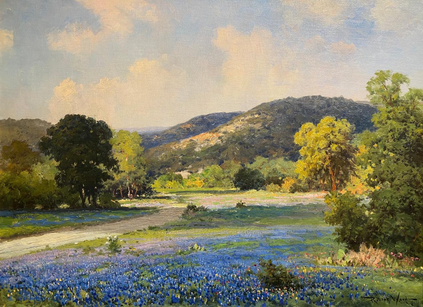 Robert William Wood Landscape Painting - "PATH THROUGH THE BLUE" BLUEBONNET TEXAS HILL COUNTRY IMAGE: 23 X 31 CIRCA 1940S