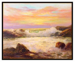 Robert Wood Large Original Painting Oil On Canvas Sunset Seascape Signed Artwork