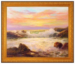 Robert Wood Large Original Painting Oil On Canvas Sunset Seascape Signed Artwork