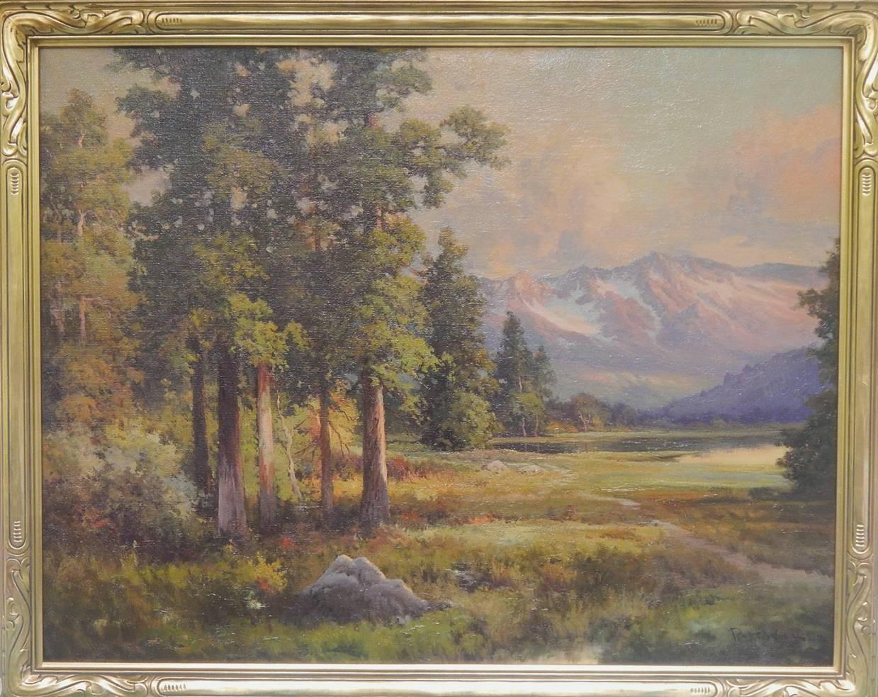 Sunset in the Sierra's 1942 - California Mountain Landscape oil on canvas framed - Painting by Robert William Wood