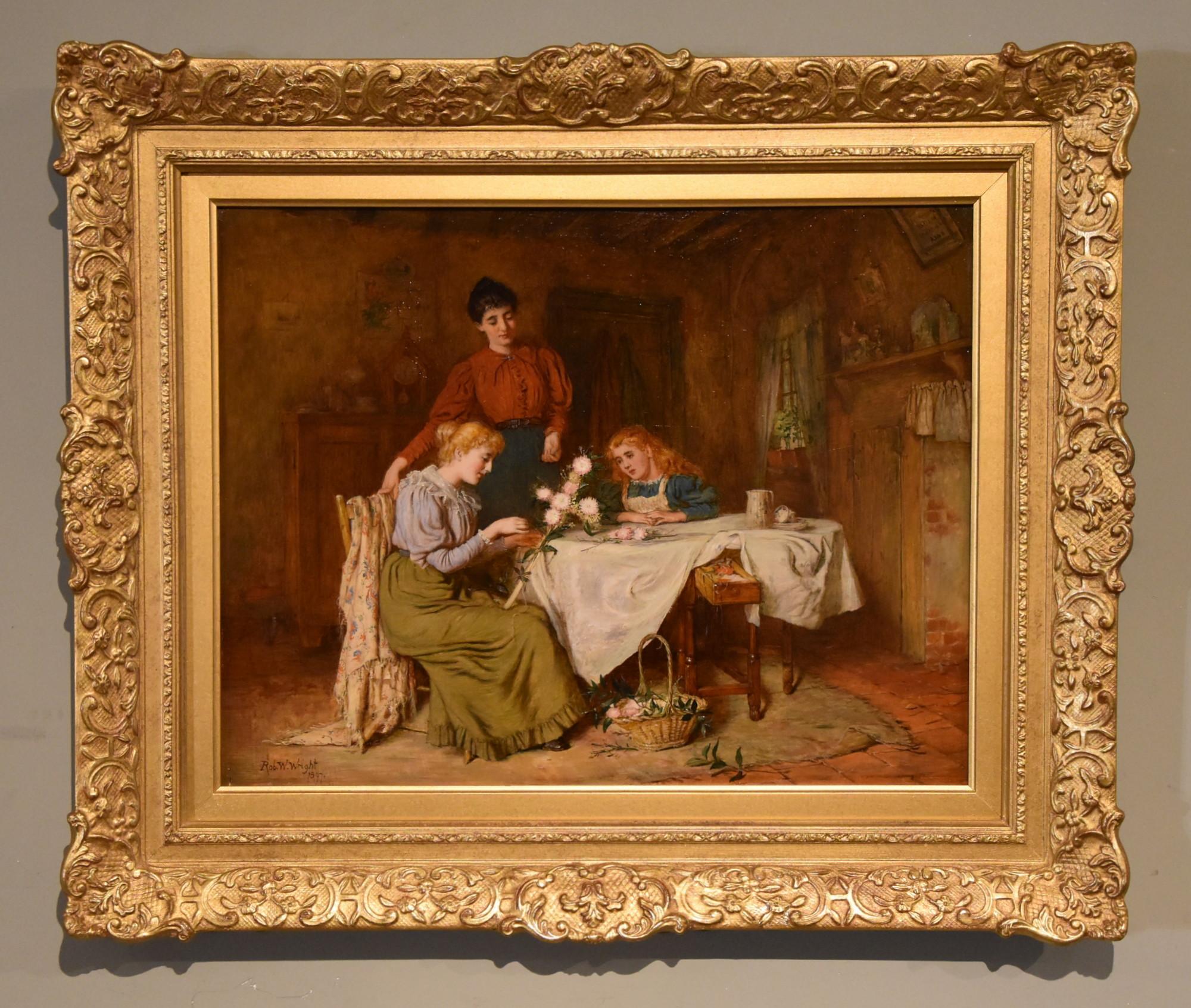 Pittura a olio di Robert William Wright "Fare la croce di Pasqua".  che ha esposto dal 1871 al 1900 Pittore londinese di scene di genere domestico, espositore regolare alla Royal Academy, alla Royal society of British artists, a Liverpool e a