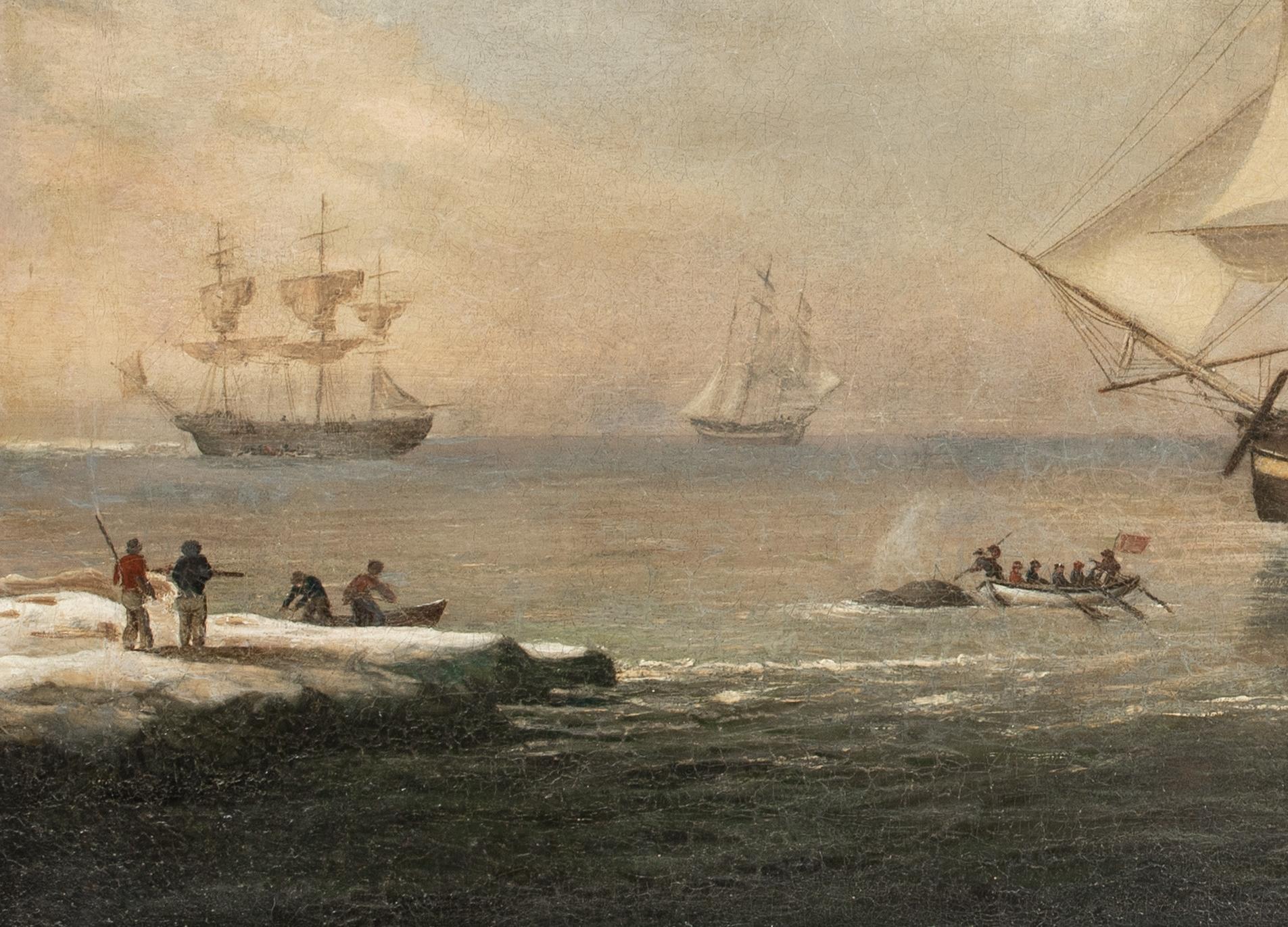 British Ships Whaling In The Artic, 18th Century - Brown Landscape Painting by Robert Willoughby Of Hull