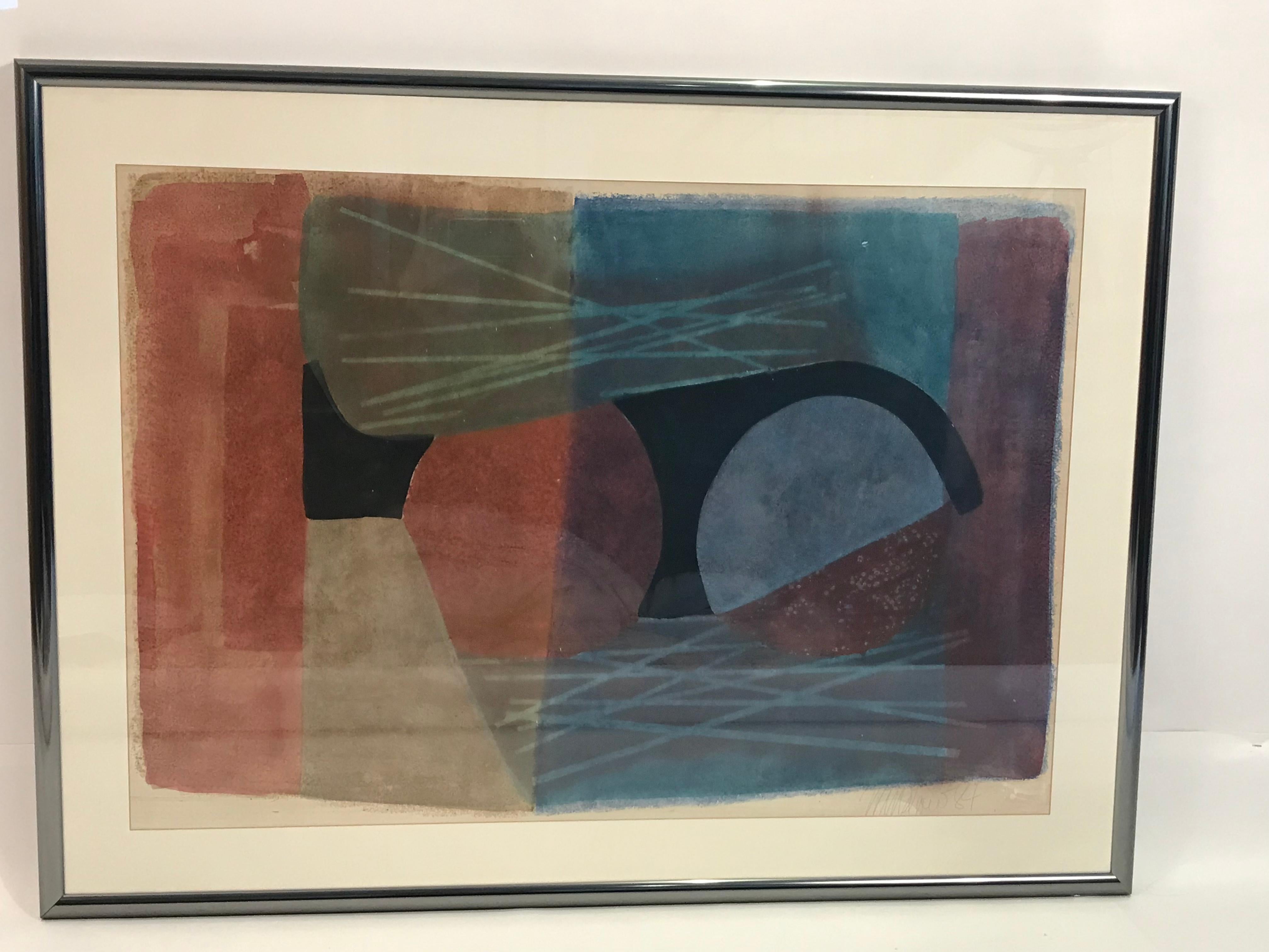 Attract mixed-media composition on paper by Robert Winslow. This painting was created in 1984. Winslow is also well known for his sculpture.
From the art collection of an international corporation. Prior labels to the verso.

Bio from the