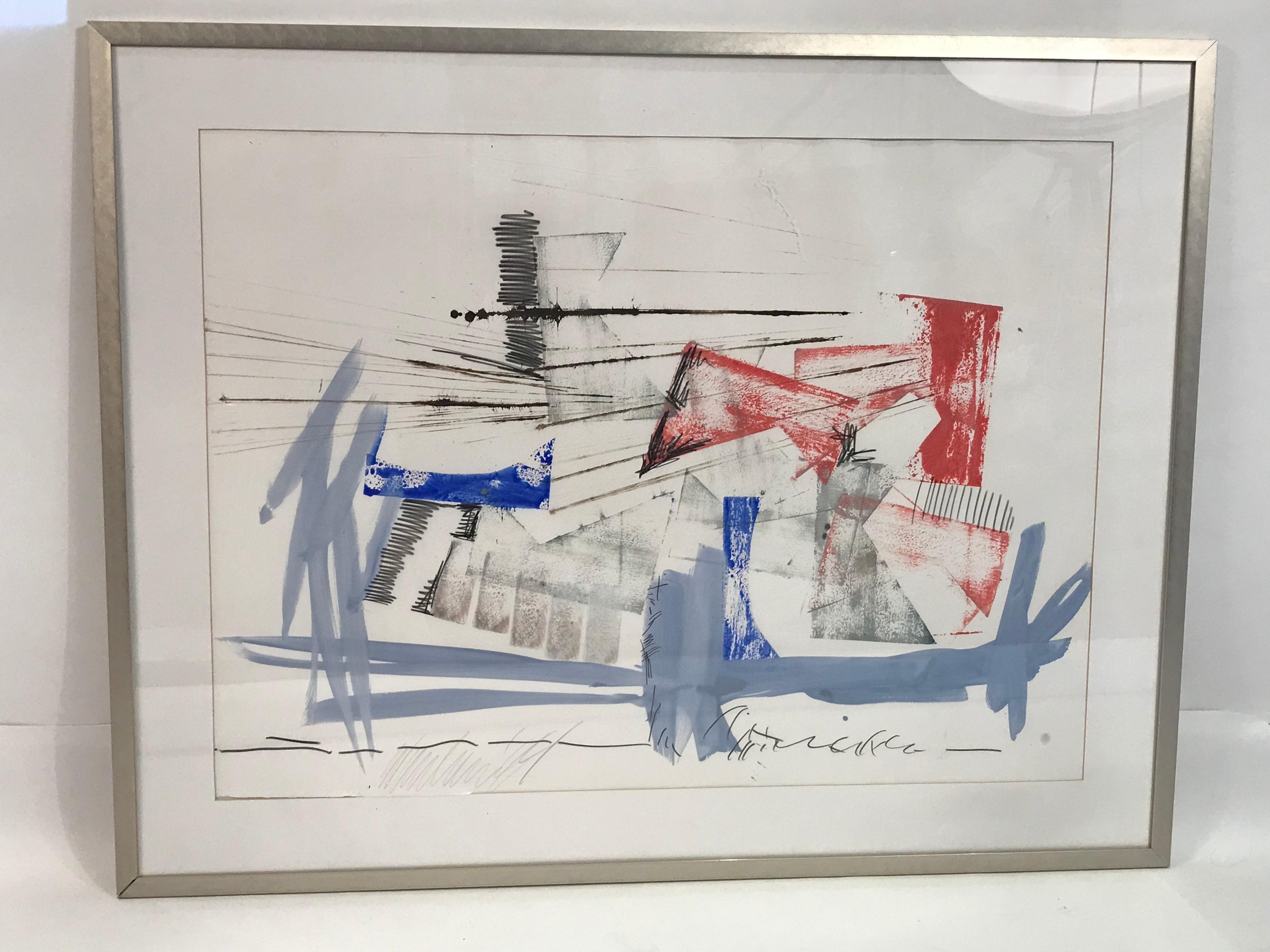 Abstract composition in reds and blues on paper. Technique include print and brush. The image is evocative of an architectural rendering or city landscape.
 

From the art collection of an international corporation. Prior label to the