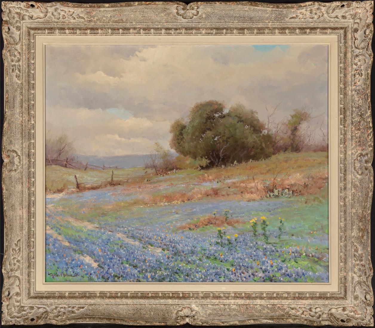 APRIL TEXAS HILL COUNTRY BLUEBONNETS IMAGE : 25 X 30 FRAME : 33 X 38 CIRCA 1940S - Painting de Robert Wood
