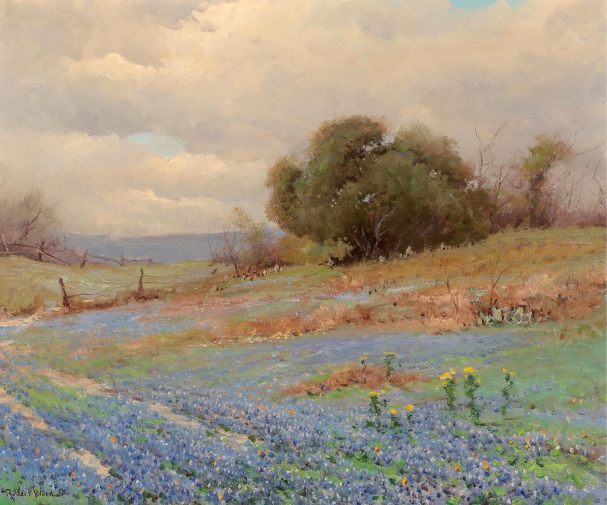 Landscape Painting Robert Wood - APRIL TEXAS HILL COUNTRY BLUEBONNETS IMAGE : 25 X 30 FRAME : 33 X 38 CIRCA 1940S