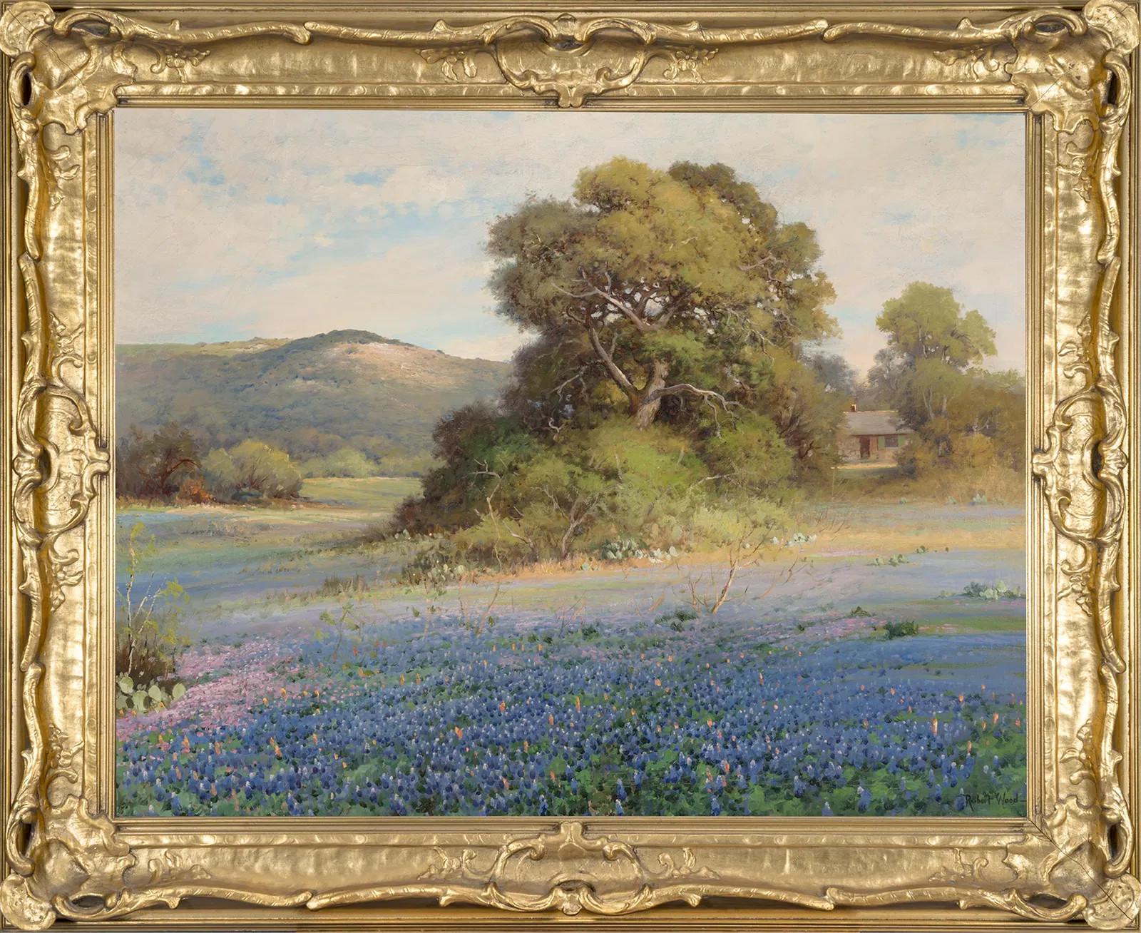 Robert Wood (G. Day)
(1889 -1979)
San Antonio Artist
Image Size: 28 x 36
Frame Size: 38 x 46
Medium: Oil on Canvas Signed Front &amp; Signed &amp; Titled on Verso
Newcomb Macklin Frame
Circa Late 1930s
"Blue Heaven" Bluebonnets
Biography
Robert Wood