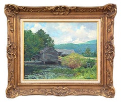 "Old Mill" Naturalistic Green Toned Pastoral Country Oil Landscape Painting