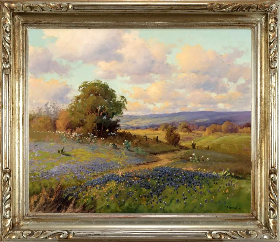 Robert Wood Landscape Painting - "TEXAS HILL COUNTRY TRAIL"   BLUEBONNET IMAGE: 25 X 30 FRAME: 32 X 38 CIRCA 1942