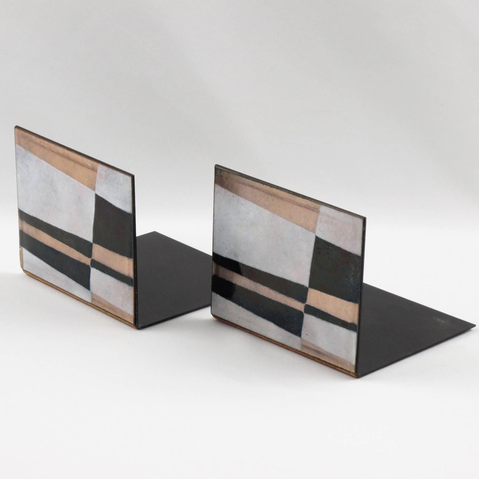 Mid-Century Modern Robert Wuersch 1950s Modernist Enamel on Copper Bookends (serre-livres)