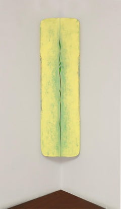 Iridescent, pale yellow, bright green, corner sculptural painting on wood