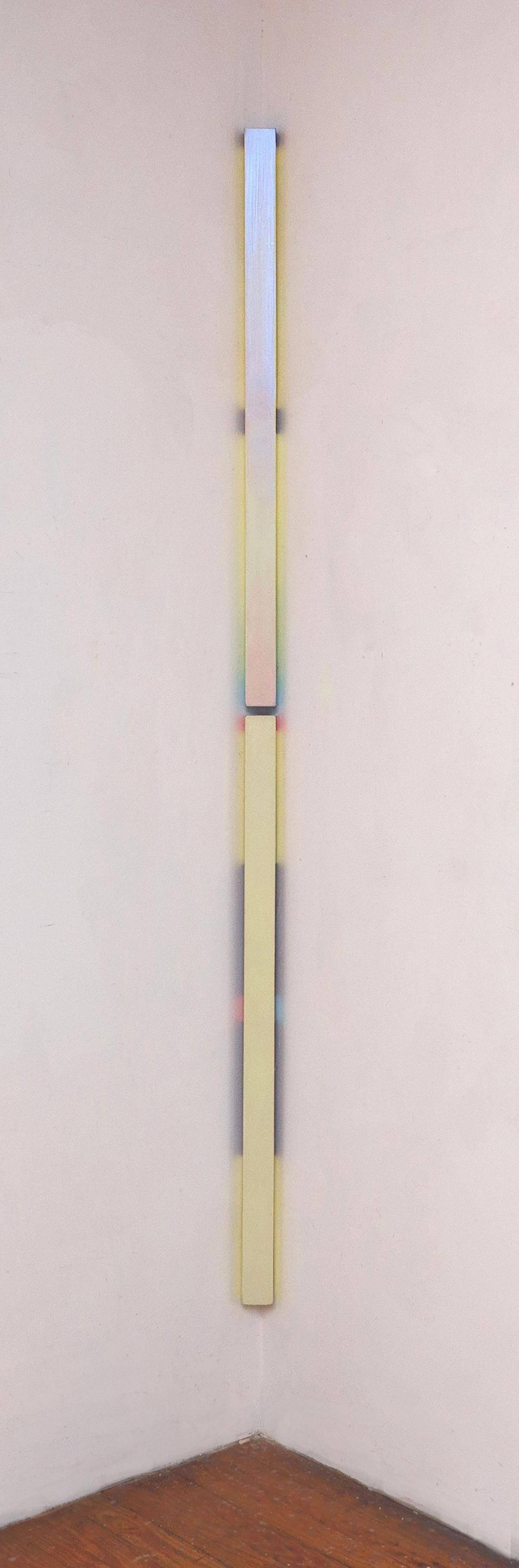 Robert Yasuda Abstract Painting - Iridescent, pale yellow, corner sculptural painting on wood with multicolor side