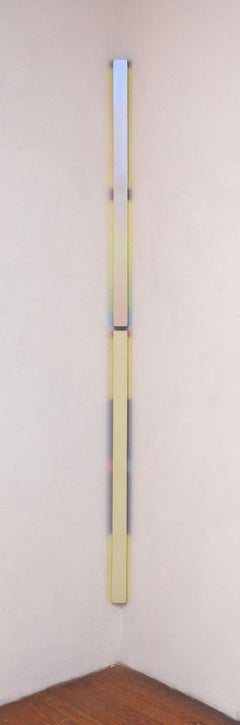 Iridescent, pale yellow, corner sculptural painting on wood with multicolor side