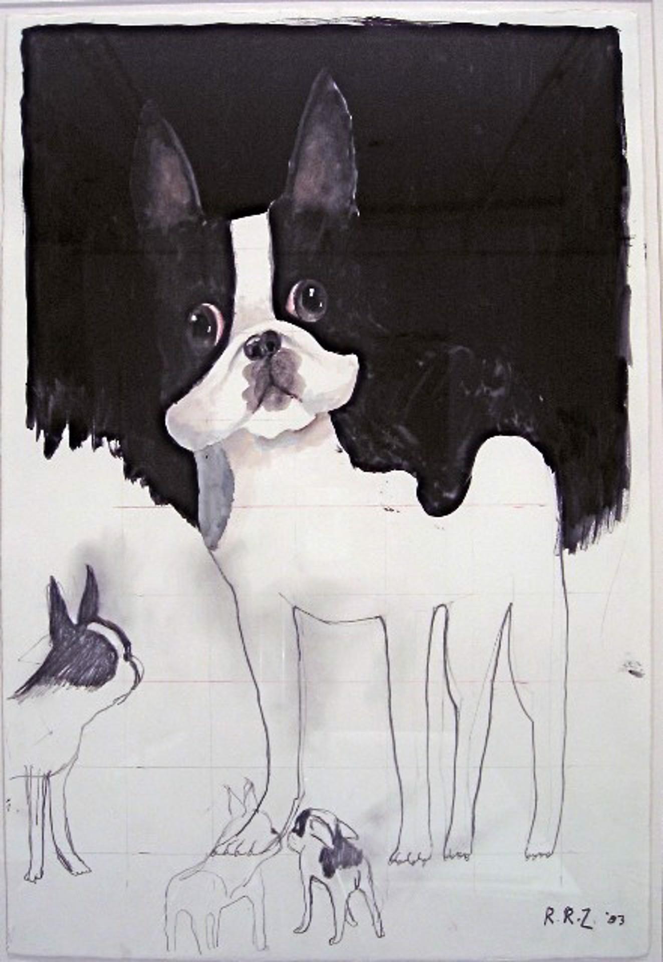 Robert Zakanitch Animal Painting - Contemporary, sentimental dog painting of a Boston Terrier in gouache and pencil