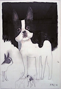 Contemporary, sentimental dog painting of a Boston Terrier in gouache and pencil