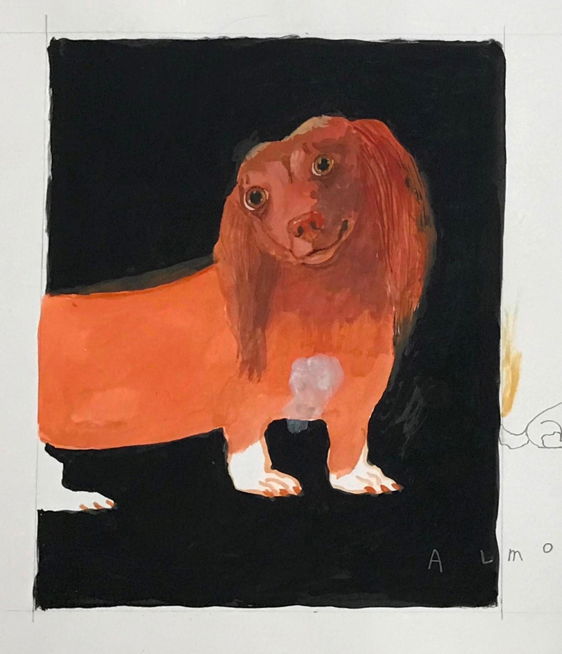 Contemporary, sentimental painting of a red Dachshund with graphite drawings  - Painting by Robert Zakanitch