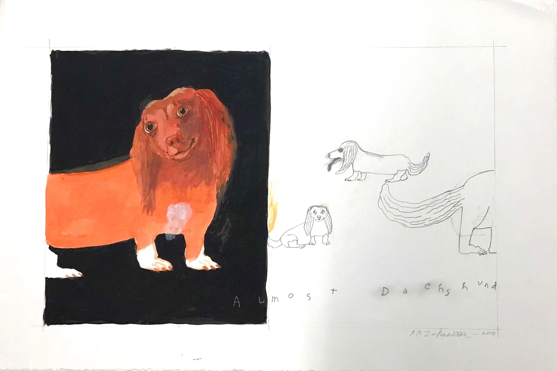 Contemporary, sentimental painting of a red Dachshund with graphite drawings 