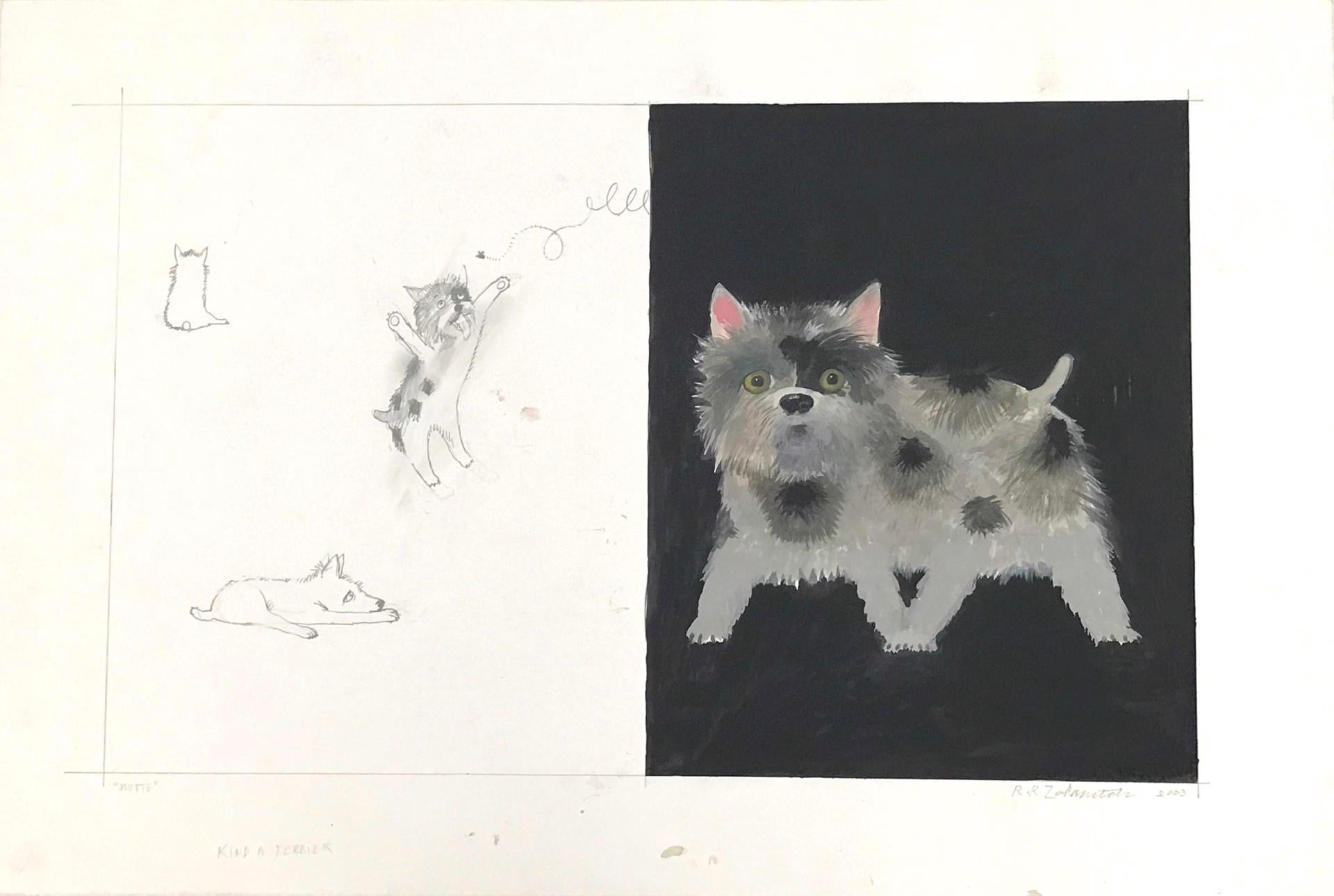 Contemporary, sentimental painting of a Terrier with graphite drawings 