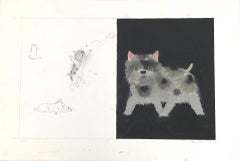 Contemporary, sentimental painting of a Terrier with graphite drawings 