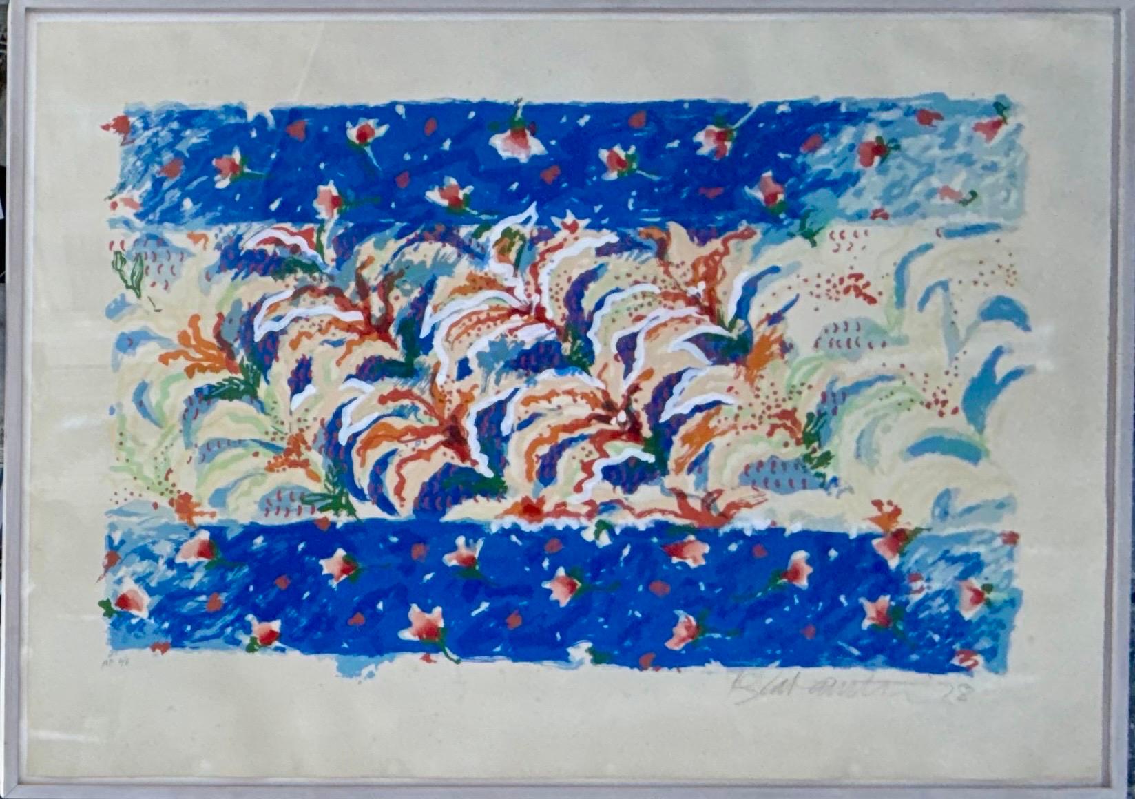 Robert Rahway Zakanitch (American b. 1935), 
Lilies, Blue and Orange, 
Hand signed and dated 78 in pencil at the lower right, and inscribed Artists Proof with edition notation AP 6/6 at the lower left. 
Dimensions: Framed 42.5 X 59 X 2 in.