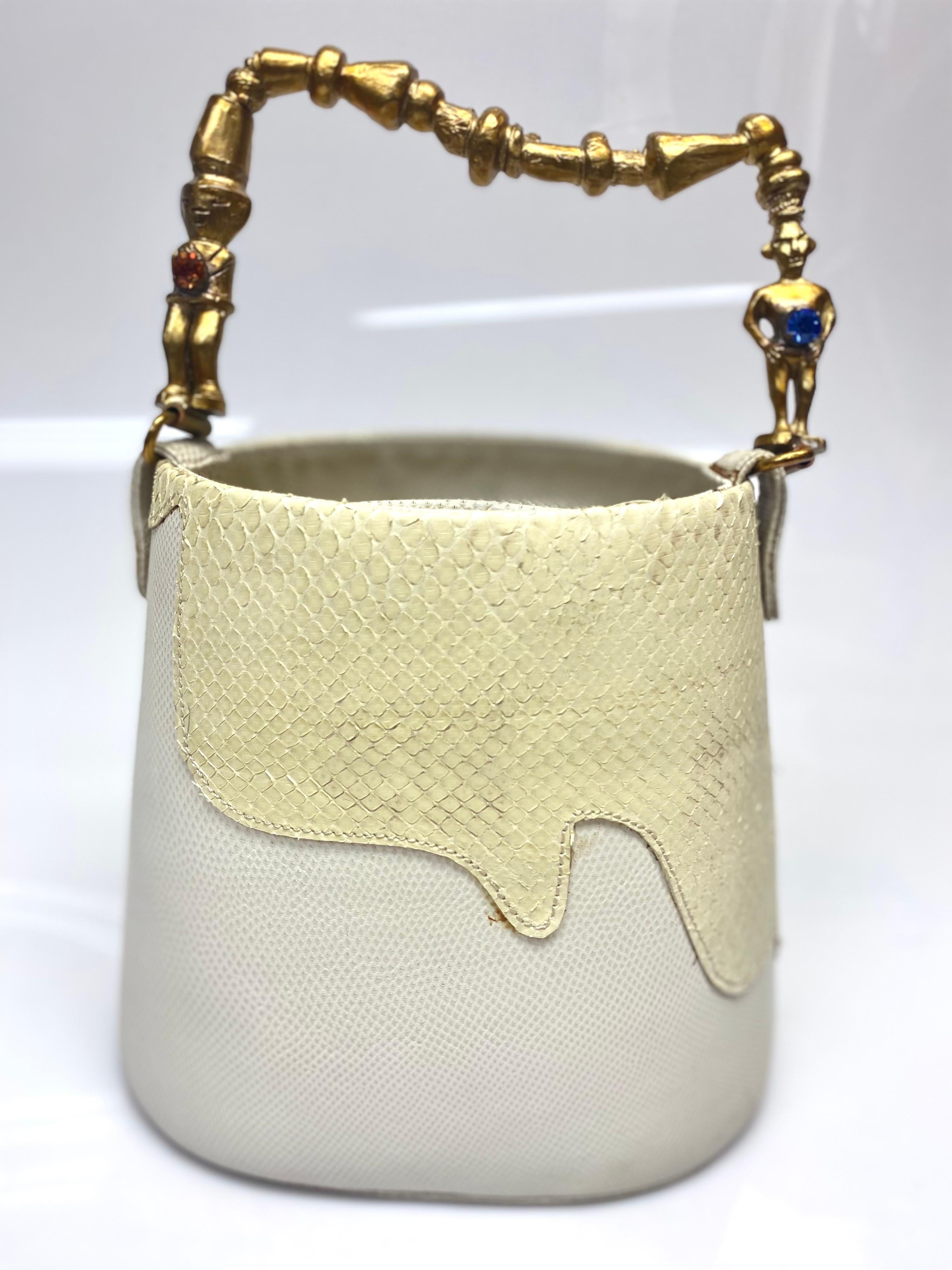 Roberta Balsamo Beige Lizard Snakeskin Bucket Handbag In Good Condition For Sale In West Palm Beach, FL