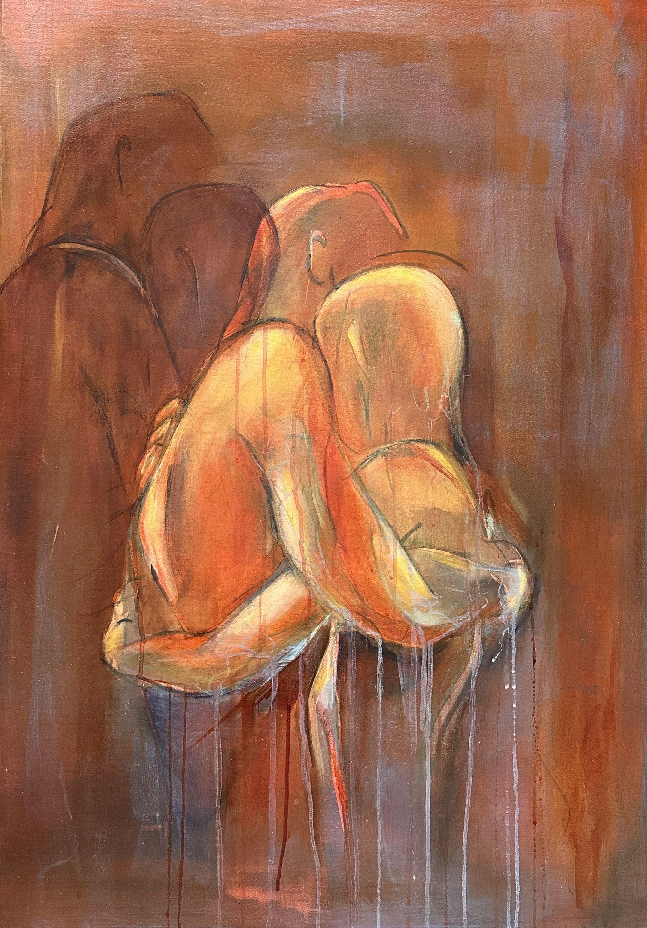 Each hug is configured in a different way, expressing a different emotion and bond, based on the relationship and the unique individualities of the encounter.    The picture frame is not necessary, the edges of the canvas are painted and a varnish