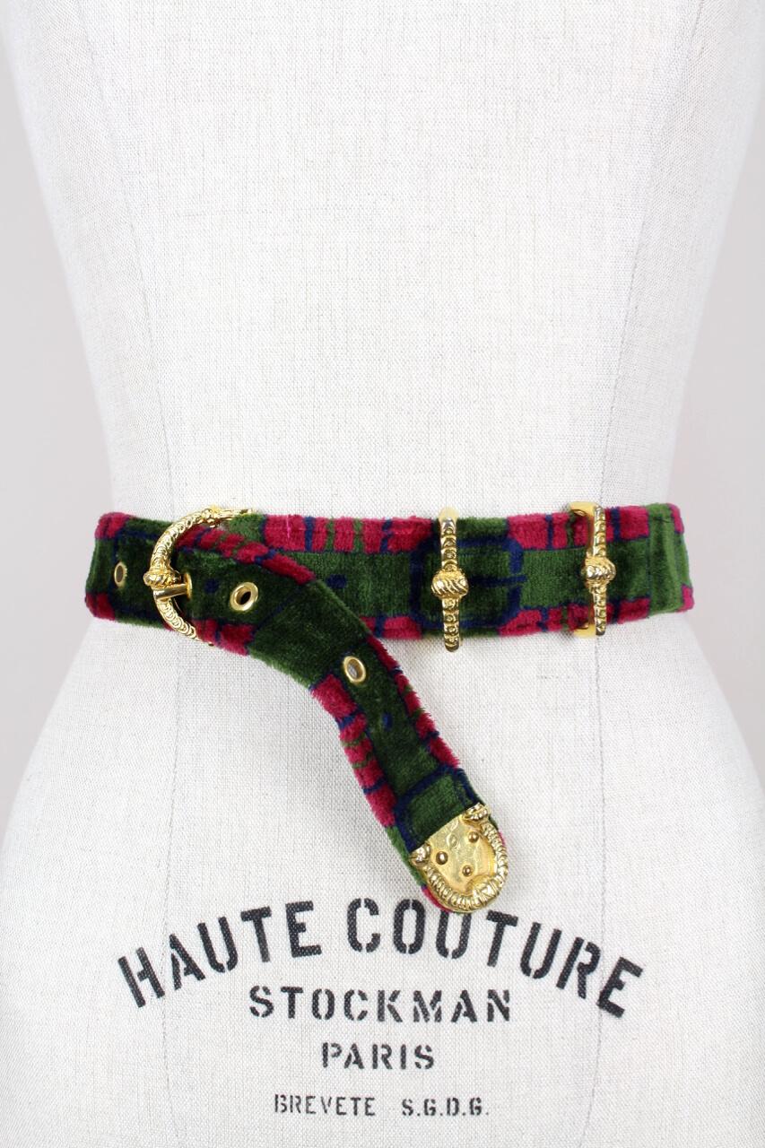 1970 Roberta di Camerino Vert Rouge Bleu Trompe l'Oeil Boucle Motif Ceinture Velours Pour femmes en vente